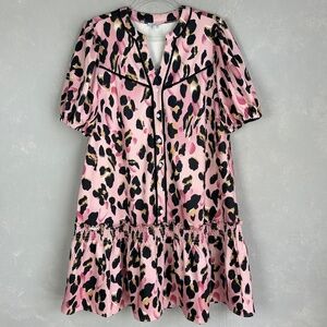VOY size L pink leopard drop waist ruffle dress short puff sleeve button front